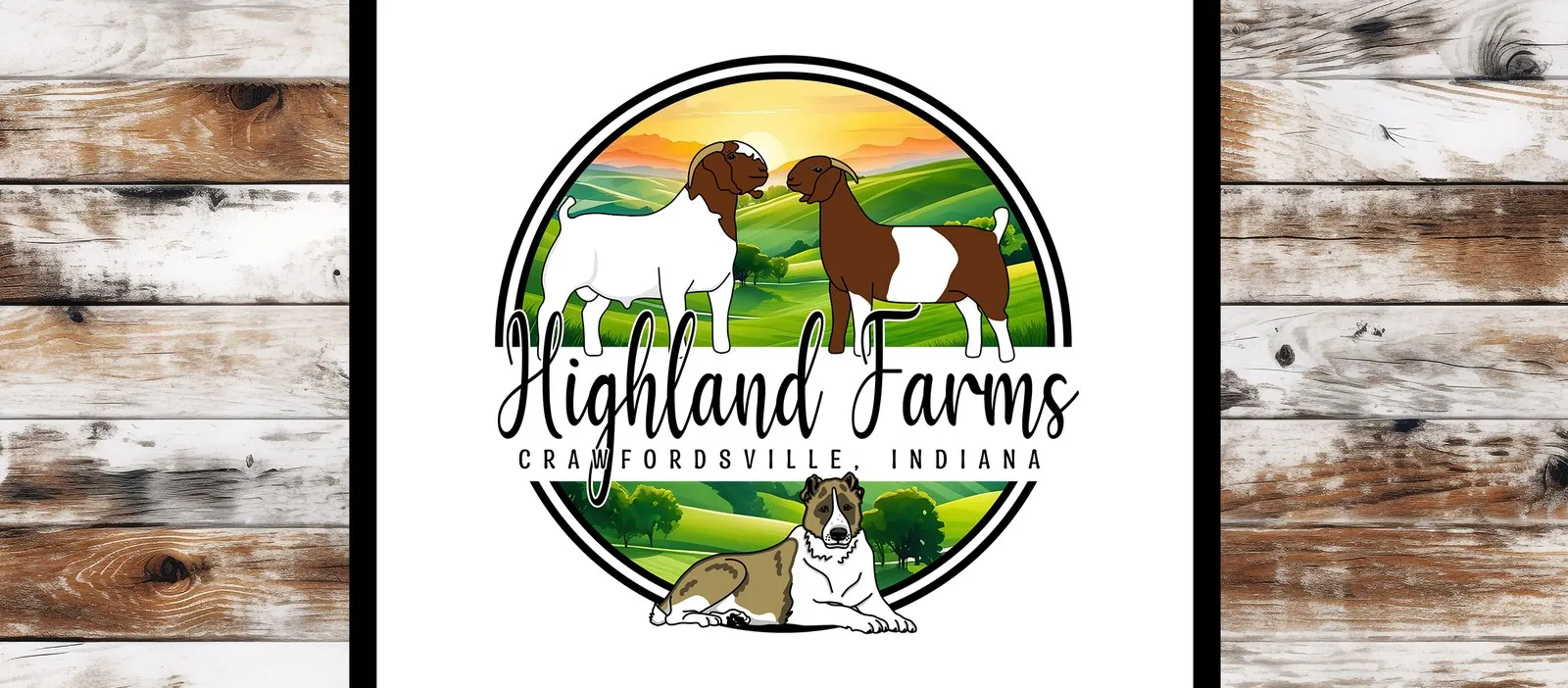 The Highland Farms logo on weathered barn wood
